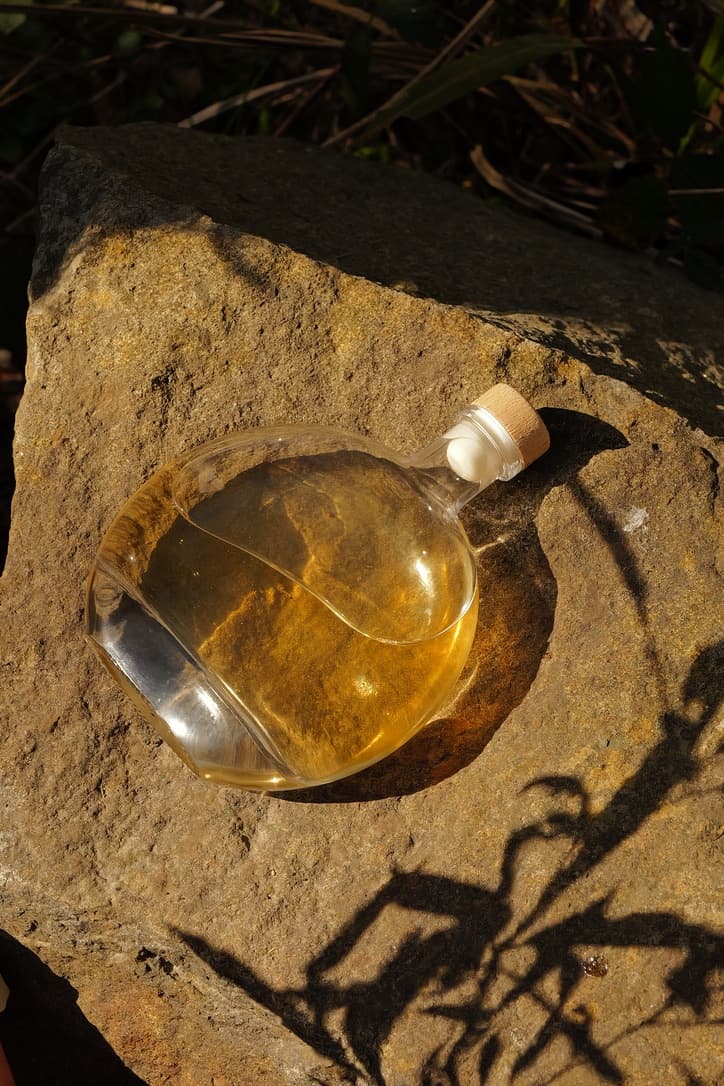 A bottle of golden cold-brew tea resting on sunlit stone